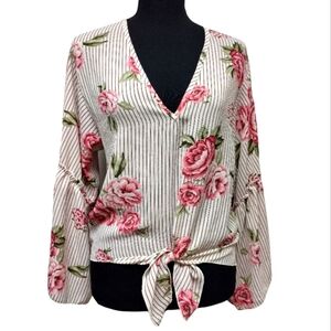 Anthropologie Lavender Field pinstripe floral bell sleeves top with waist tie